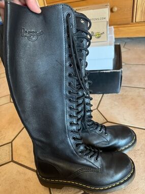 Dr. Martens Black Tall Lace-Up Leather Boots with Yellow Stitching